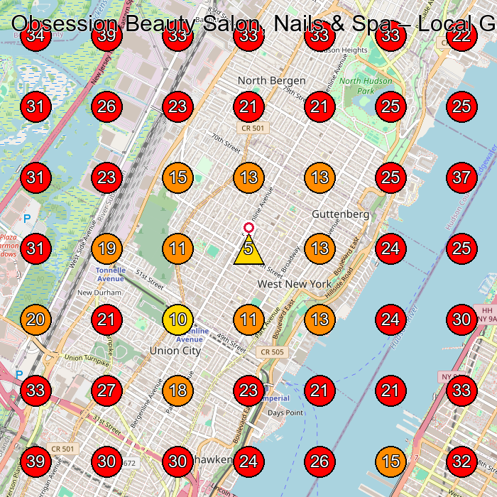 Obsession Beauty Salon, Nails & Spa GeoGrid visibility map for Hair Salon in Guttenberg